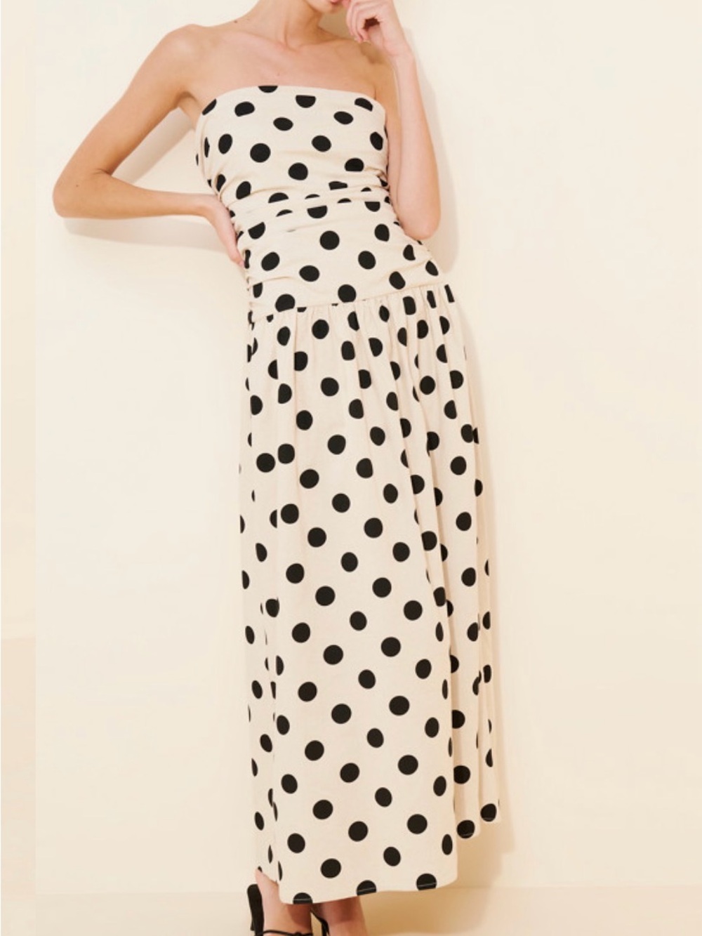 Polka Dot Strapless Maxi Dress - Black on Cream